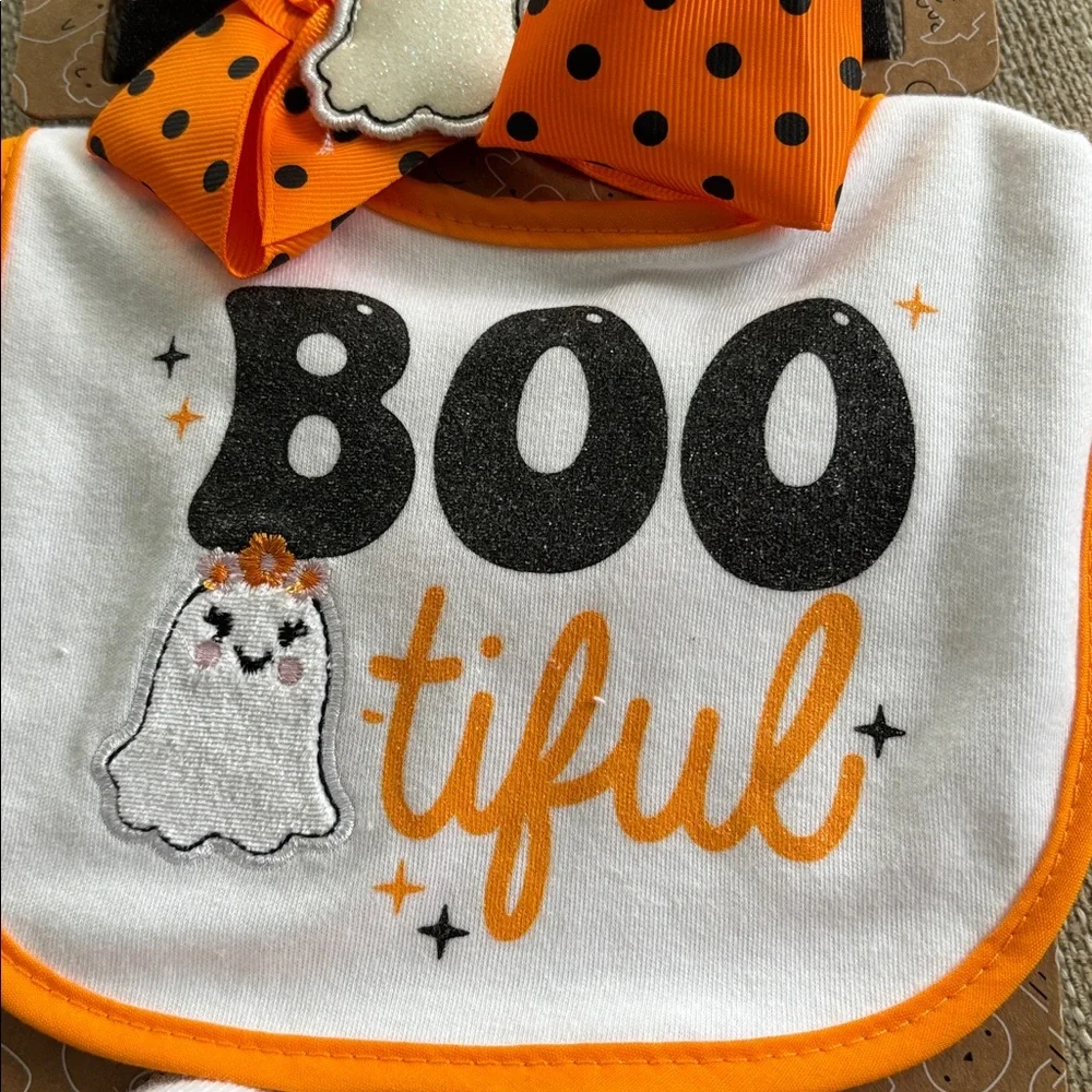 baby Halloween bib, headband, and socks set with a 